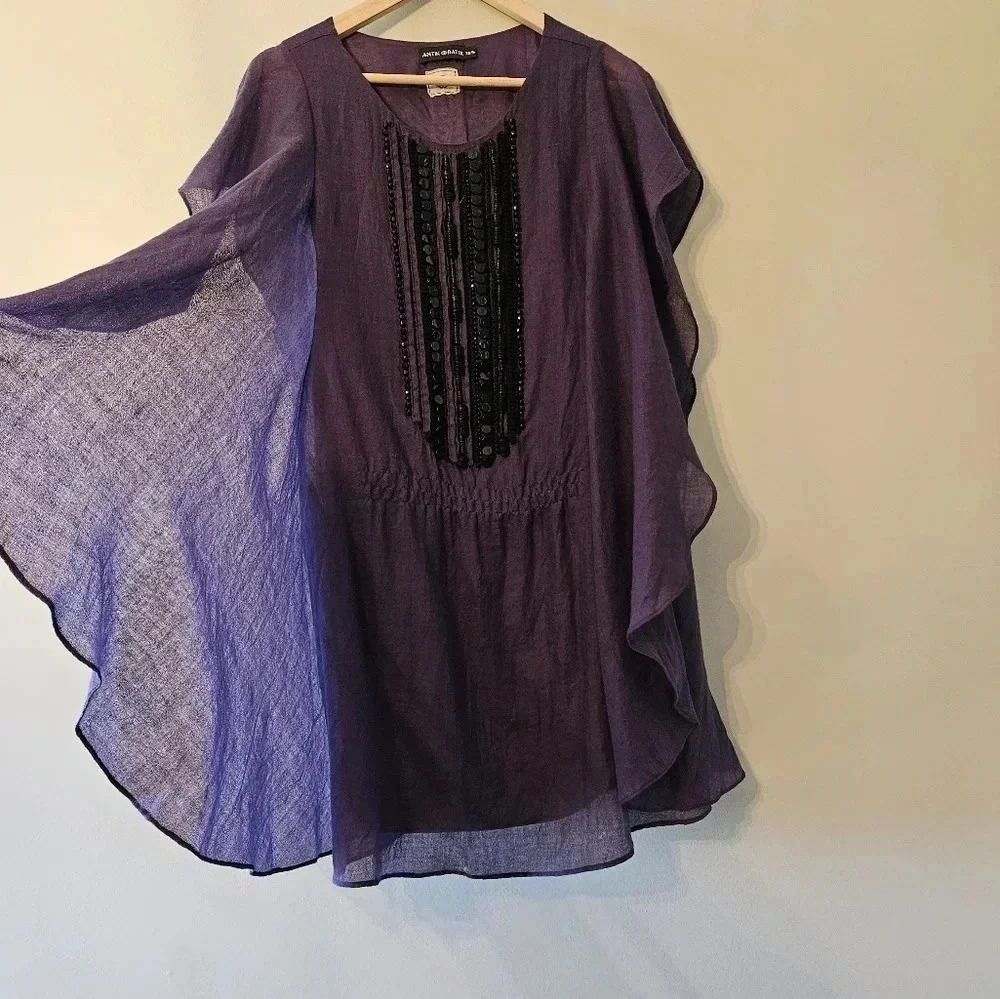 Antik Batik Embellished Draped Ruffle Wool Boho Mini Dress Purple Size Small. - Picture 10 of 16